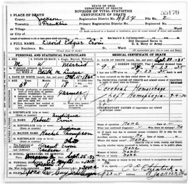 David Edgar Ervin's Death Certificate